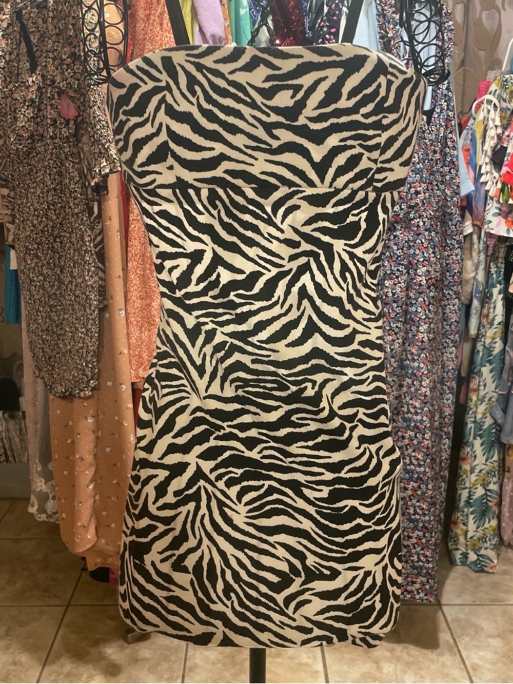 Forever 21 Black & Cream Strapless Zebra-Print Mini Dress